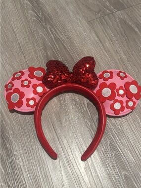 Red Sequin Bow Pink & Red Floral Minnie Ear Headband